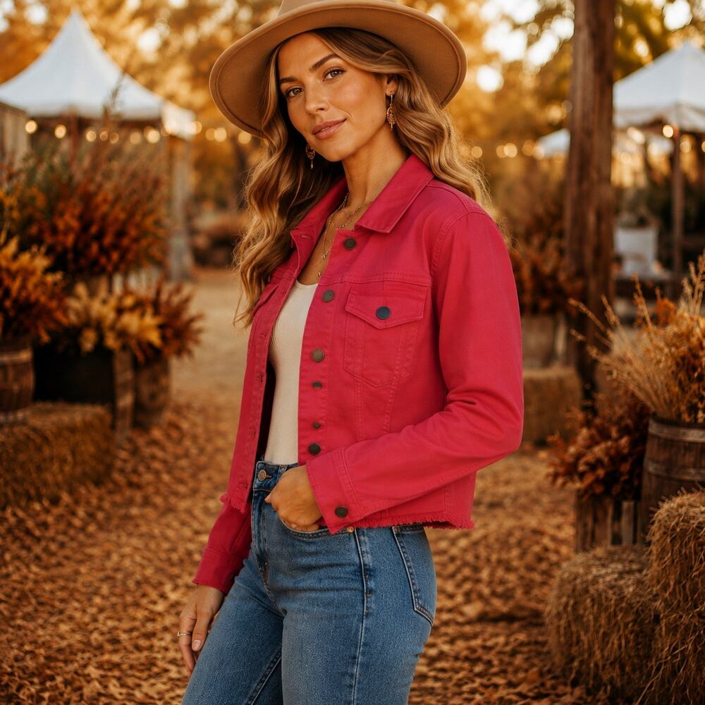 Boho Western KUT from the Kloth Kara Rich Red Cropped Denim Jacket Raw Hem NWT S
